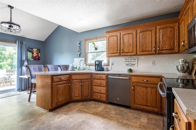 190 W Colleen Ct, Gardner, KS 66030 - kitchen with stainless steel dishwasher, black / electric stove, a peninsula, vaulted ceiling, and brown cabinets