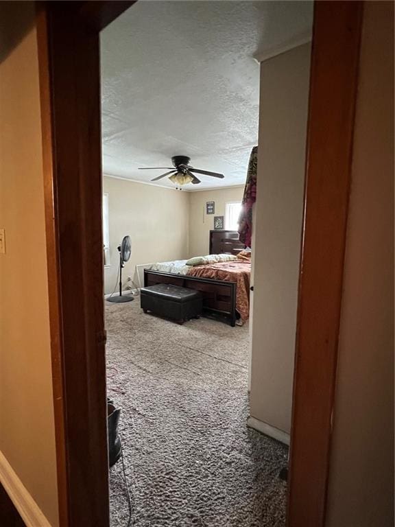 233 Main St, Osawatomie, KS 66064 - bedroom featuring carpet flooring, a textured ceiling, and a ceiling fan