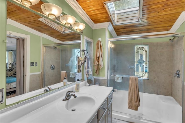 8036 Bellefontaine Ave, Kansas City, MO 64132 - bathroom featuring wood ceiling, ornamental molding, a skylight, vanity, and a stall shower