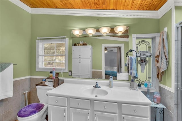 8036 Bellefontaine Ave, Kansas City, MO 64132 - bathroom with wooden ceiling, tile walls, vanity, wainscoting, and crown molding