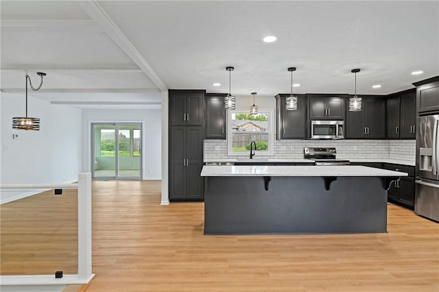 6600 W 93rd Ter, Overland Park, KS 66212 - kitchen with stainless steel appliances, a breakfast bar area, recessed lighting, a kitchen island, and tasteful backsplash