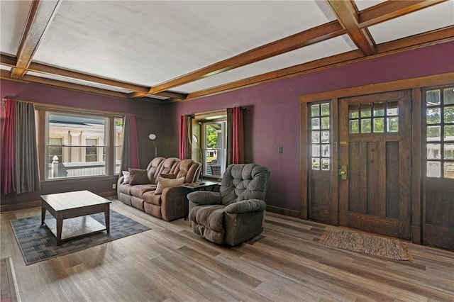 508 S Elm St, Ottawa, KS 66067 - living room with beamed ceiling, coffered ceiling, and wood finished floors