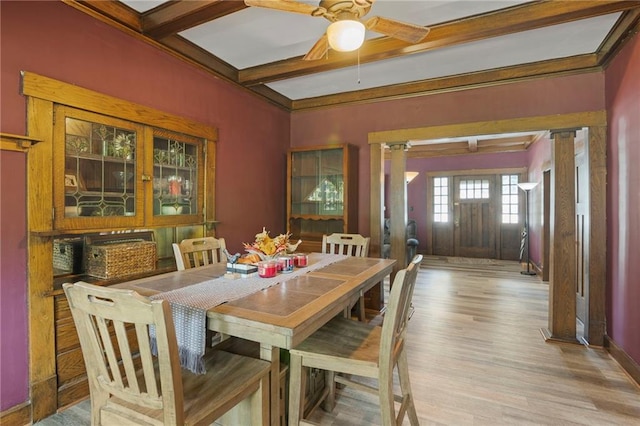508 S Elm St, Ottawa, KS 66067 - dining area with wood finished floors, a ceiling fan, beamed ceiling, ornate columns, and coffered ceiling
