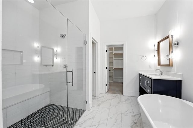 13300 W 174th Pl, Overland Park, KS 66221 - bathroom with a freestanding tub, a stall shower, marble finish flooring, and vanity