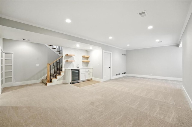 13300 W 174th Pl, Overland Park, KS 66221 - below grade area featuring beverage cooler, ornamental molding, light carpet, wet bar, and stairs