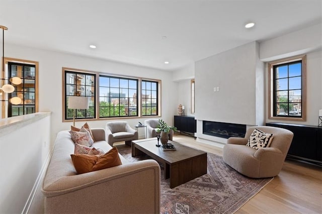529 E 19th St, Kansas City, MO 64108 - living room featuring wood finished floors, recessed lighting, and a glass covered fireplace