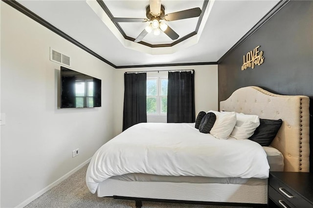 2903 E 107th Ter, Kansas City, MO 64137 - carpeted bedroom with a raised ceiling, ornamental molding, and a ceiling fan