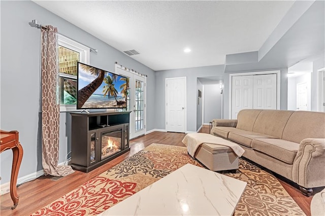 33383 Acorn Ln, Warsaw, MO 65355 - living room featuring wood finished floors, a glass covered fireplace, and recessed lighting