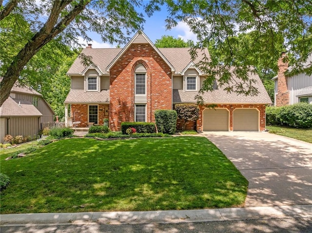 11530 Hemlock St, Overland Park, KS 66210 - traditional home with brick siding, concrete driveway, a front lawn, a porch, and an attached garage