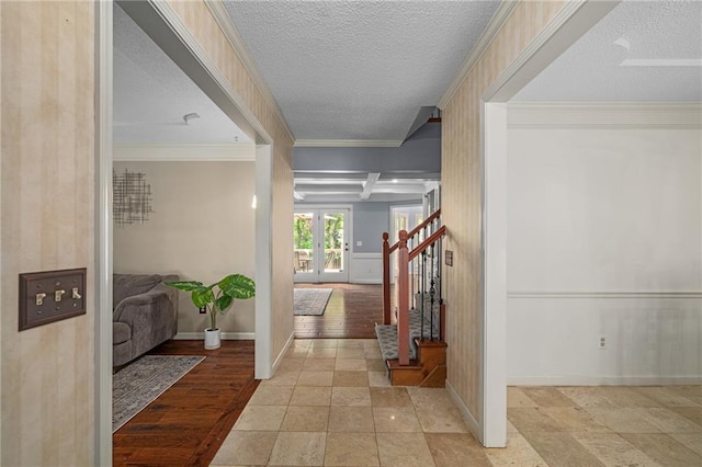 11530 Hemlock St, Overland Park, KS 66210 - corridor with stairway, a textured ceiling, crown molding, coffered ceiling, and beam ceiling