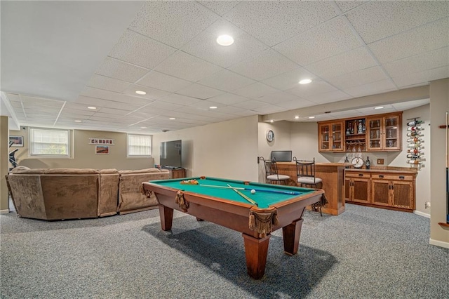 11530 Hemlock St, Overland Park, KS 66210 - game room featuring bar, carpet floors, billiards, a drop ceiling, and recessed lighting