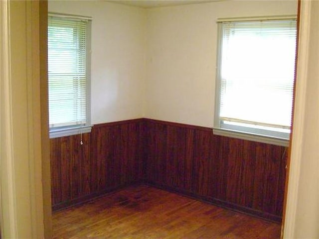 482 Fieldcrest Dr, Pittsburg, KS 66762 - unfurnished room with wainscoting, healthy amount of natural light, wooden walls, and wood finished floors