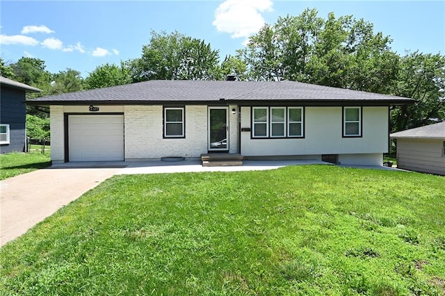 6309 E 102nd Ter, Kansas City, MO 64134 - view of front of property with concrete driveway, an attached garage, a front yard, brick siding, and roof with shingles