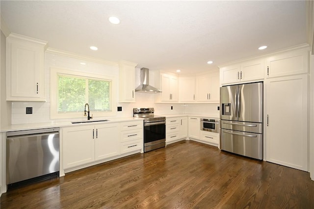 6309 E 102nd Ter, Kansas City, MO 64134 - kitchen featuring stainless steel appliances, wall chimney exhaust hood, light countertops, decorative backsplash, and white cabinetry