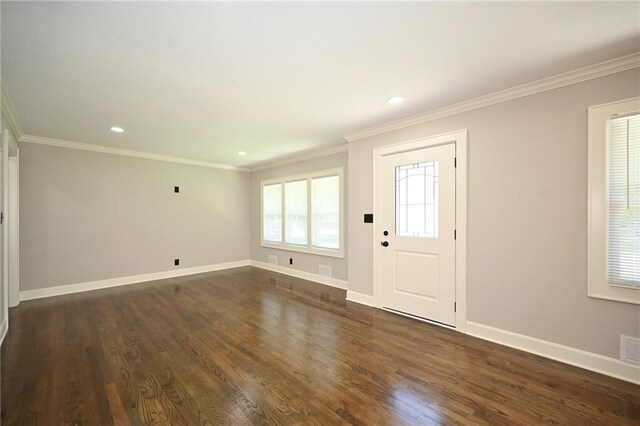 6309 E 102nd Ter, Kansas City, MO 64134 - entrance foyer with crown molding, dark wood-style floors, and recessed lighting