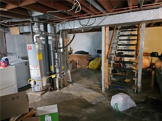 524 E Walnut St, Independence, MO 64050 - unfinished below grade area featuring gas water heater, washer and dryer, and stairway
