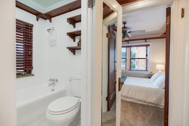 700 W 48th St Unit 301, Kansas City, MO 64112 - ensuite bathroom with ceiling fan, shower / bathtub combination, coffered ceiling, and beamed ceiling