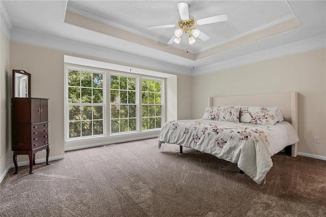 4116 NE 83rd St, Kansas City, MO 64119 - bedroom with a tray ceiling, carpet, crown molding, ceiling fan, and a textured ceiling