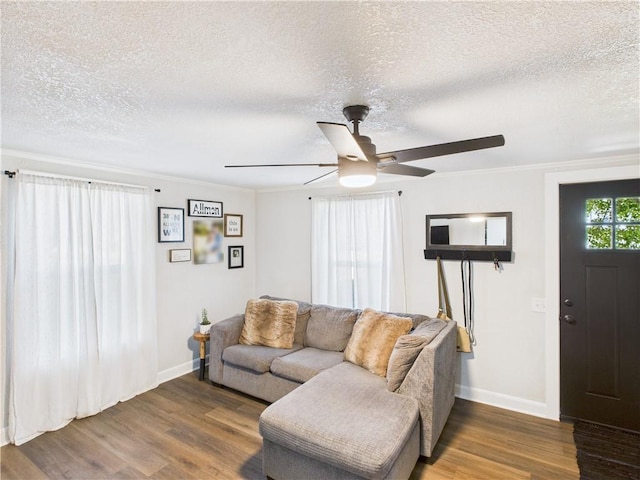 307 E 4th St, Holden, MO 64040 - living area with a ceiling fan, a textured ceiling, wood finished floors, and ornamental molding