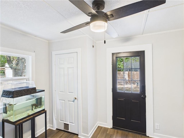 307 E 4th St, Holden, MO 64040 - foyer with dark wood-style floors, crown molding, a ceiling fan, and a textured ceiling