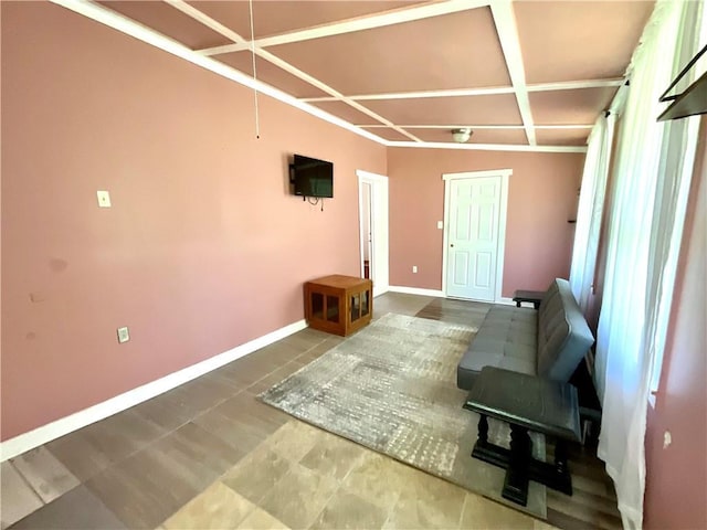 1870 N 27th St, Kansas City, KS 66104 - living area featuring coffered ceiling and tile patterned flooring