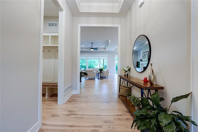 25411 W 142nd Pl, Olathe, KS 66061 - hallway with light wood-style flooring and a raised ceiling