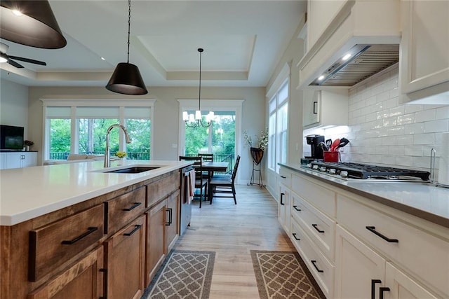 25411 W 142nd Pl, Olathe, KS 66061 - kitchen featuring appliances with stainless steel finishes, premium range hood, a tray ceiling, brown cabinetry, and backsplash