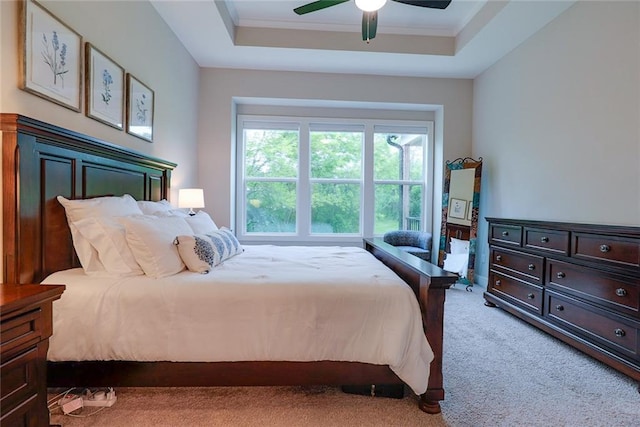 25411 W 142nd Pl, Olathe, KS 66061 - bedroom featuring light colored carpet, ceiling fan, and a raised ceiling