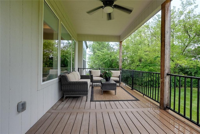 25411 W 142nd Pl, Olathe, KS 66061 - wooden deck with a ceiling fan and outdoor lounge area