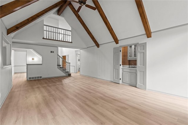 9602 W 116th St, Overland Park, KS 66210 - unfurnished living room with high vaulted ceiling, ceiling fan, stairway, beamed ceiling, and wood finished floors