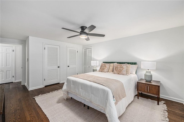 3818 W 52nd Ter, Roeland Park, KS 66205 - bedroom with wood finished floors, two closets, and ceiling fan
