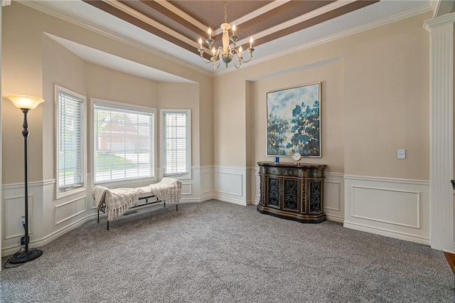 14740 W 128th St, Olathe, KS 66062 - sitting room featuring carpet flooring, a chandelier, a raised ceiling, crown molding, and wainscoting