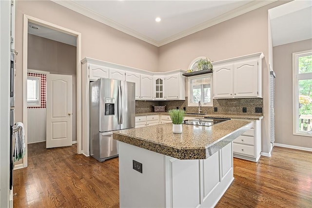 14740 W 128th St, Olathe, KS 66062 - kitchen featuring stainless steel refrigerator with ice dispenser, white cabinets, dark wood-style floors, crown molding, and recessed lighting