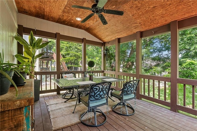 14740 W 128th St, Olathe, KS 66062 - sunroom featuring ceiling fan, outdoor dining area, lofted ceiling, and healthy amount of natural light