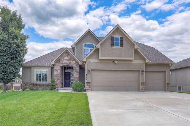 4517 N Sienna Rdg, Riverside, MO 64150 - craftsman-style house featuring stone siding, stucco siding, driveway, a front yard, and a garage