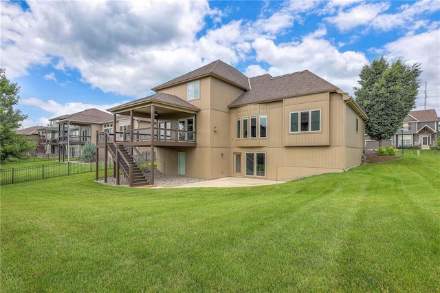 4517 N Sienna Rdg, Riverside, MO 64150 - rear view of house featuring stairs, a wooden deck, ceiling fan, a patio, and a shingled roof