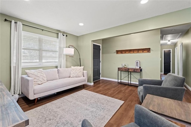 22420 W 73rd Ter, Shawnee, KS 66227 - living room featuring wood finished floors, recessed lighting, and attic access