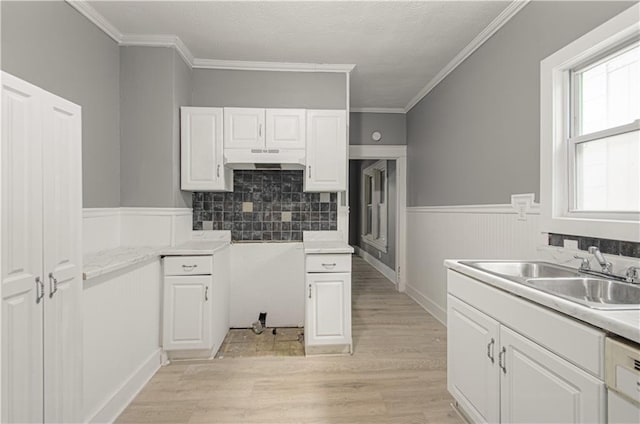 2524 Askew Ave, Kansas City, MO 64127 - kitchen with under cabinet range hood, light wood-style flooring, white cabinets, wainscoting, and dishwasher