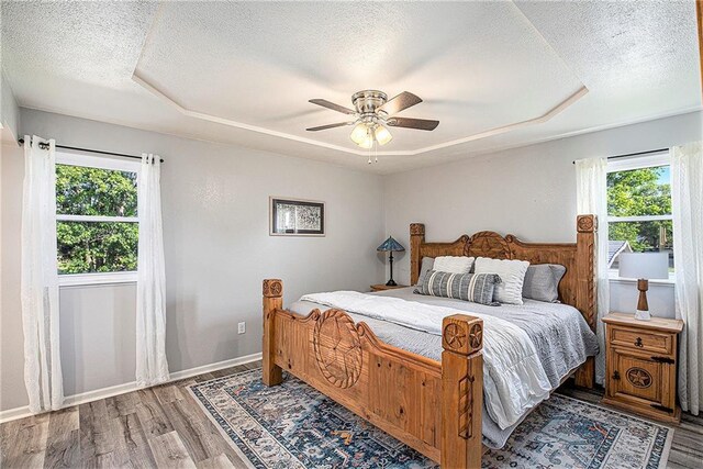21318 S Briar Rd, Peculiar, MO 64078 - bedroom featuring wood finished floors, a raised ceiling, a textured ceiling, and a ceiling fan