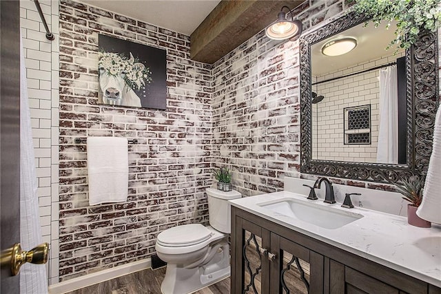 21318 S Briar Rd, Peculiar, MO 64078 - full bathroom featuring brick wall, wood finished floors, vanity, and curtained shower