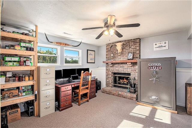 21318 S Briar Rd, Peculiar, MO 64078 - carpeted office space with a ceiling fan, a fireplace, and wainscoting