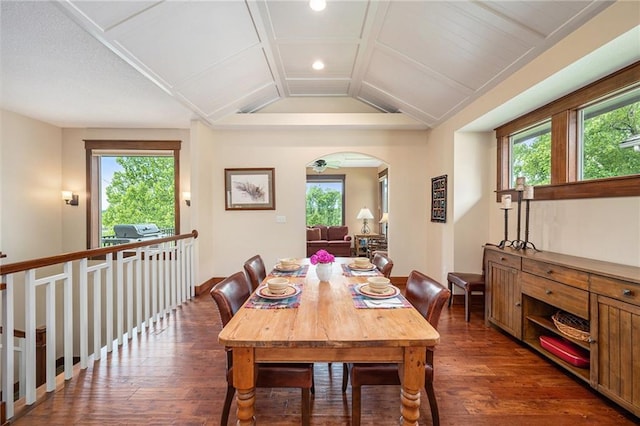 26793 W 100th Pl, Olathe, KS 66061 - dining space featuring wood-type flooring, recessed lighting, plenty of natural light, vaulted ceiling, and arched walkways