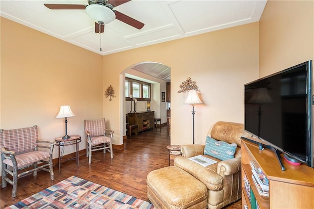 26793 W 100th Pl, Olathe, KS 66061 - living room with arched walkways, wood finished floors, and ceiling fan