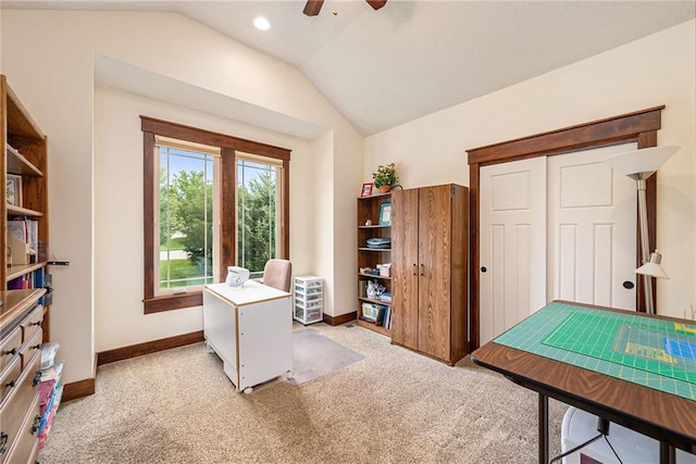 26793 W 100th Pl, Olathe, KS 66061 - office area with lofted ceiling, light carpet, ceiling fan, and recessed lighting
