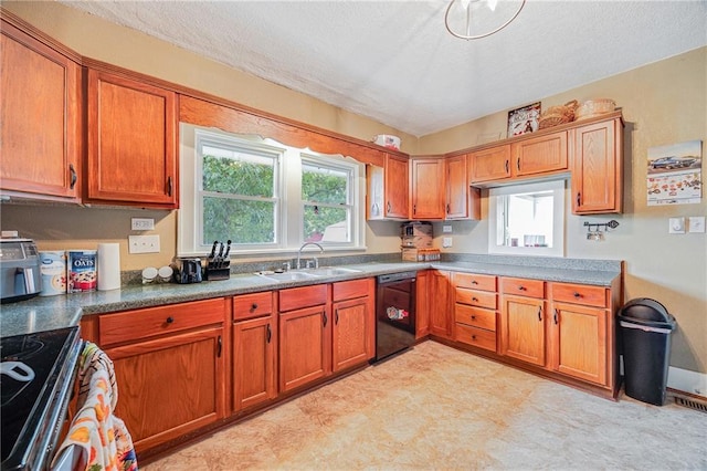 1002 S Olive St, Holden, MO 64040 - kitchen with black dishwasher, range, brown cabinetry, plenty of natural light, and a textured ceiling