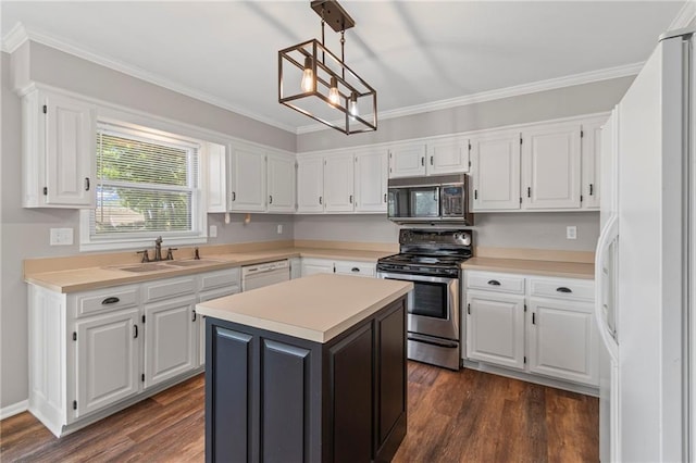 320 SW Raven Ct, Lees Summit, MO 64081 - kitchen featuring white appliances, white cabinets, dark wood-type flooring, light countertops, and ornamental molding
