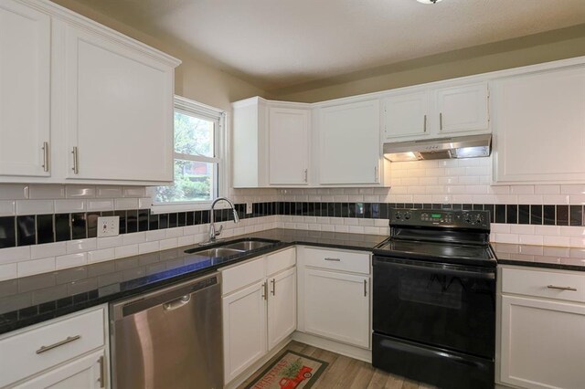 18205 E 27th St S, Independence, MO 64057 - kitchen with black range with electric cooktop, dishwasher, under cabinet range hood, white cabinetry, and backsplash