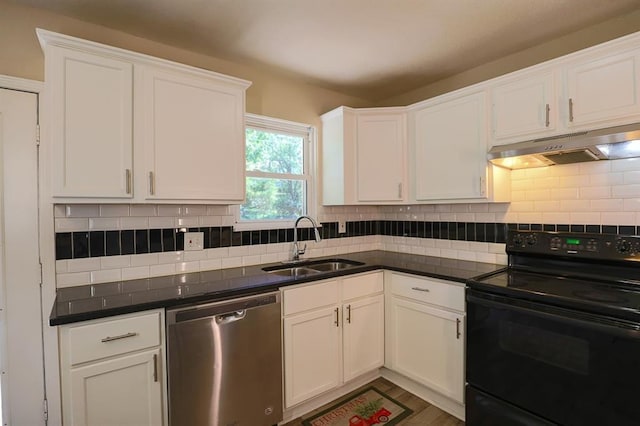 18205 E 27th St S, Independence, MO 64057 - kitchen with dishwasher, electric range, under cabinet range hood, and white cabinetry