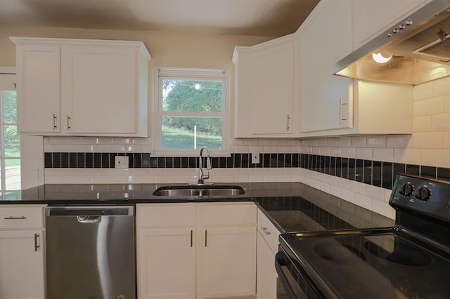 18205 E 27th St S, Independence, MO 64057 - kitchen with dishwasher, black electric range, under cabinet range hood, white cabinetry, and decorative backsplash