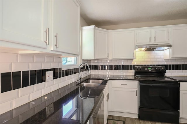 18205 E 27th St S, Independence, MO 64057 - kitchen with black electric range oven, under cabinet range hood, white cabinetry, tasteful backsplash, and dishwasher